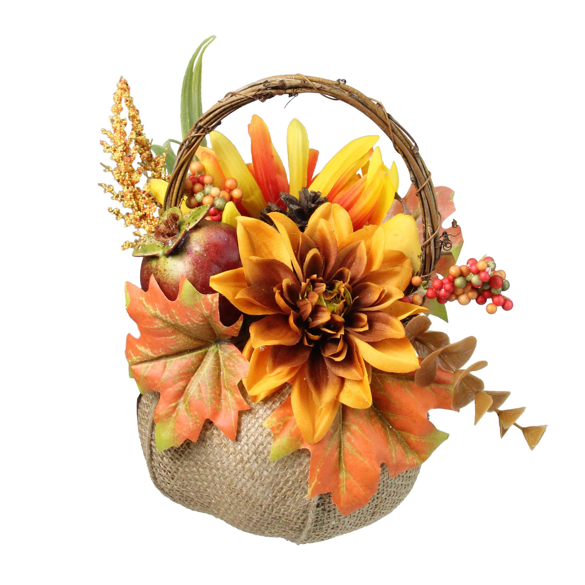 9" Autumn Harvest Burlap Pumpkin with Flowers and Fruit Thanksgiving Decoration
